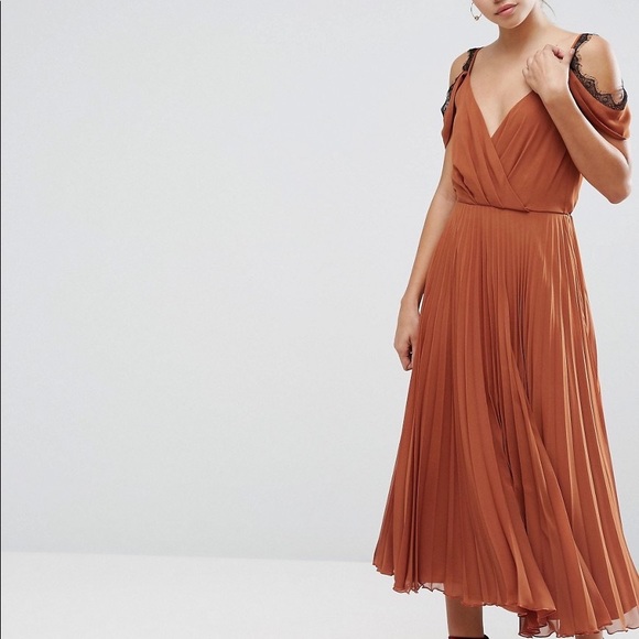 ASOS Lace Trim Pleated Midi Skater Dress - Picture 3 of 6